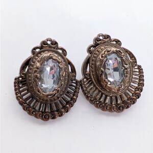 Victorian Inspired Lightweight Rhinestone Bronze Filigree Clip On Earrings